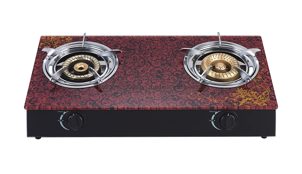 New Design Flower 2 Cast Iron Burner Low Price Gas Cooktop Tempered Glass Panel Stove