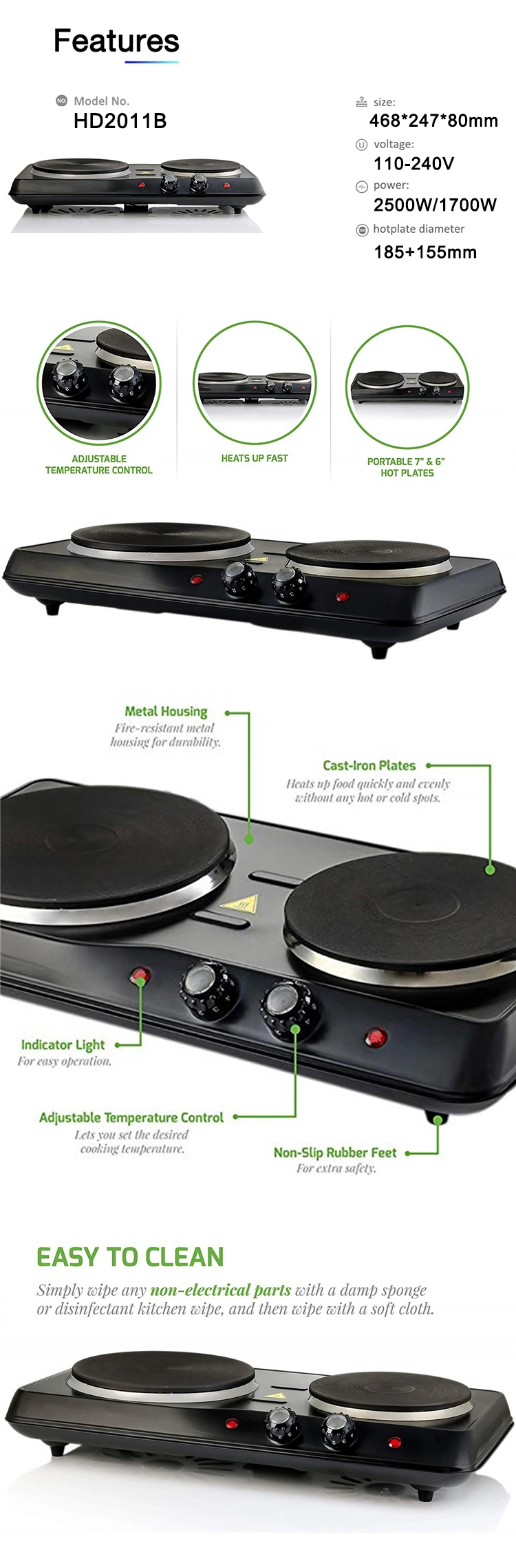 2500W Electric Hot Plate Double Burner Stainless Steel Hotplate